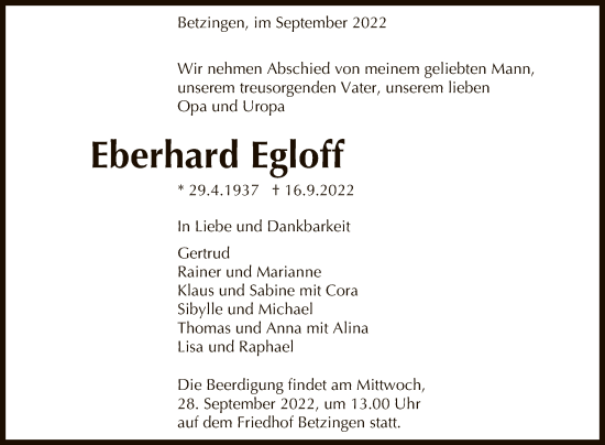 Anzeige von Eberhard Egloff von Reutlinger General-Anzeiger