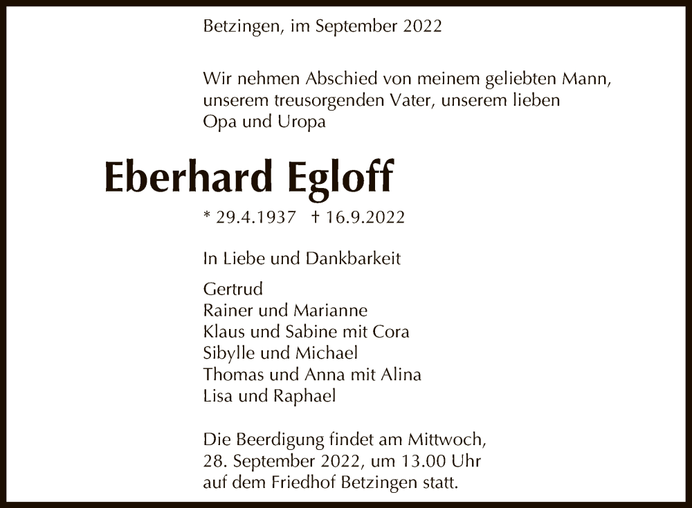  Traueranzeige für Eberhard Egloff vom 24.09.2022 aus Reutlinger General-Anzeiger
