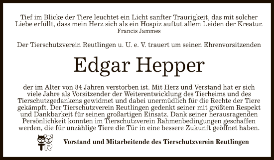 Anzeige von Edgar Hepper von Reutlinger General-Anzeiger
