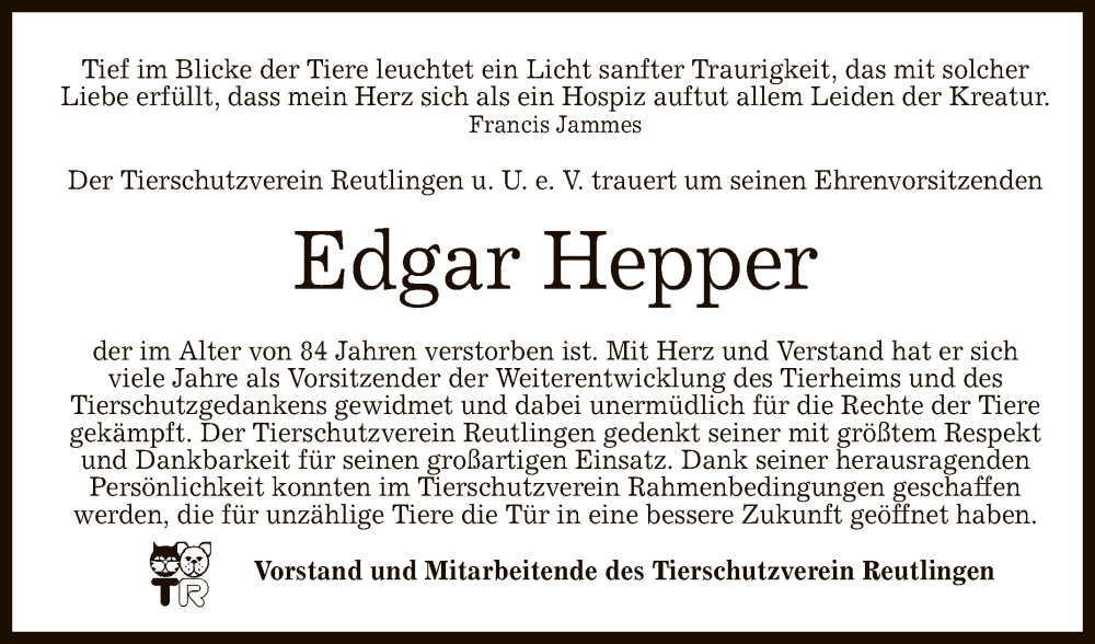  Traueranzeige für Edgar Hepper vom 03.09.2022 aus Reutlinger General-Anzeiger