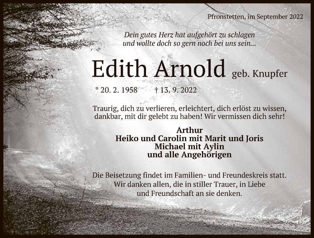  Traueranzeige für Edith Arnold vom 20.09.2022 aus Reutlinger General-Anzeiger