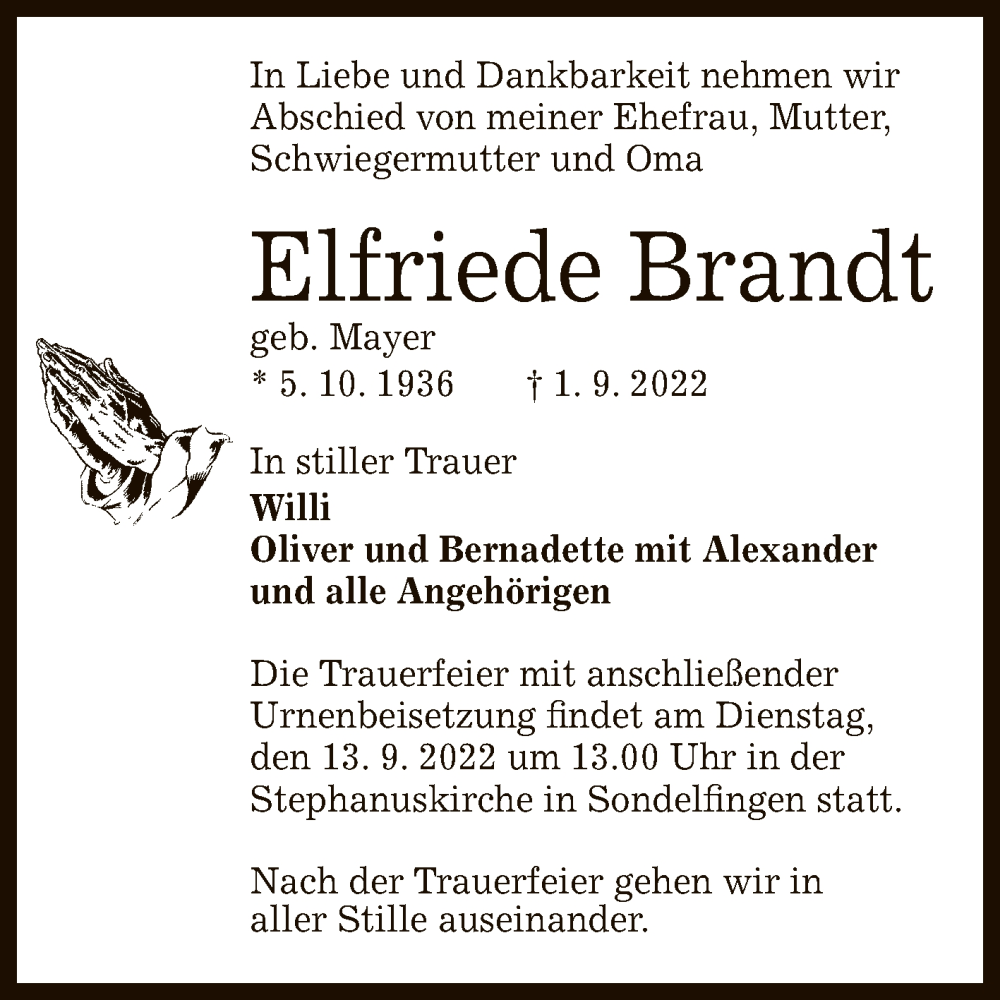  Traueranzeige für Elfriede Brandt vom 08.09.2022 aus Reutlinger General-Anzeiger