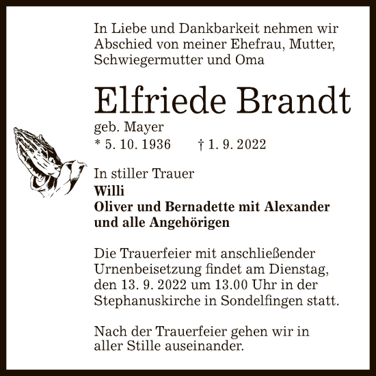 Anzeige von Elfriede Brandt von Reutlinger General-Anzeiger