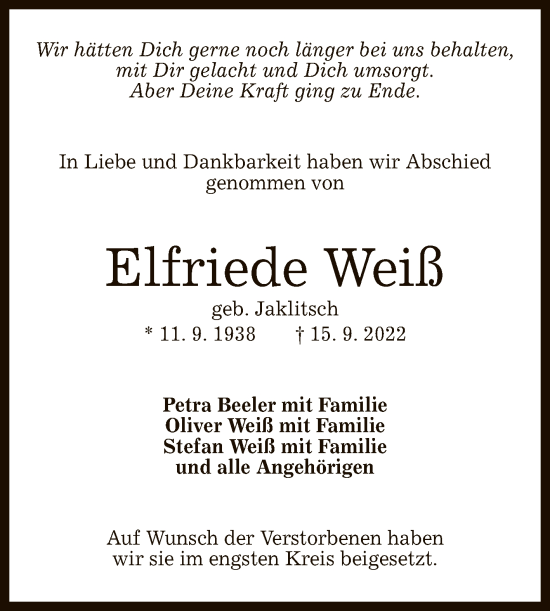 Anzeige von Elfriede Weiß von Reutlinger General-Anzeiger