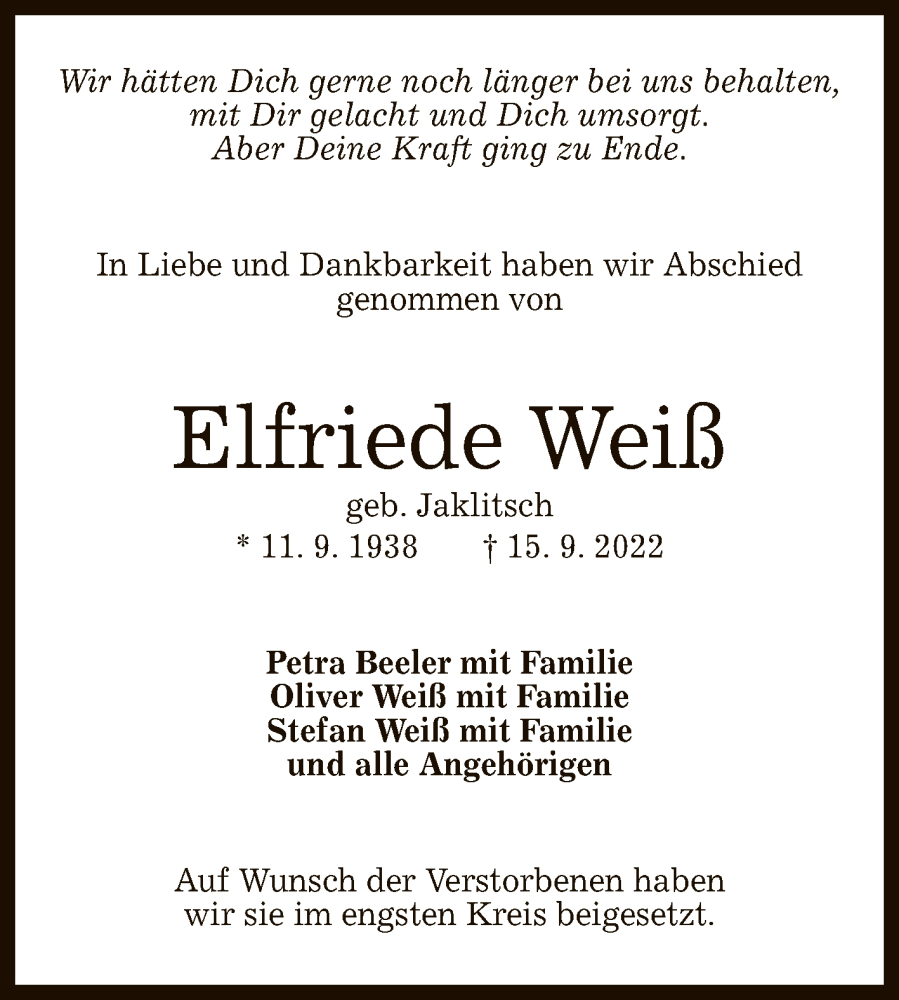  Traueranzeige für Elfriede Weiß vom 21.09.2022 aus Reutlinger General-Anzeiger