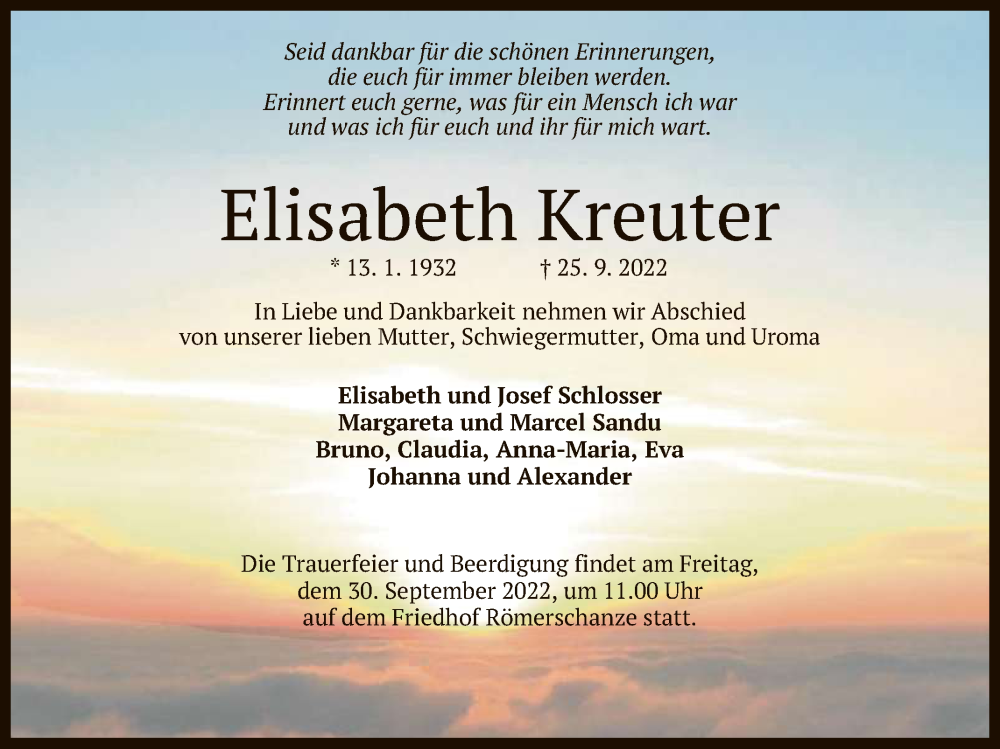  Traueranzeige für Elisabeth Kreuter vom 28.09.2022 aus Reutlinger General-Anzeiger