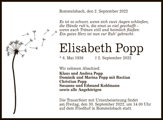 Anzeige von Elisabeth Popp von Reutlinger General-Anzeiger