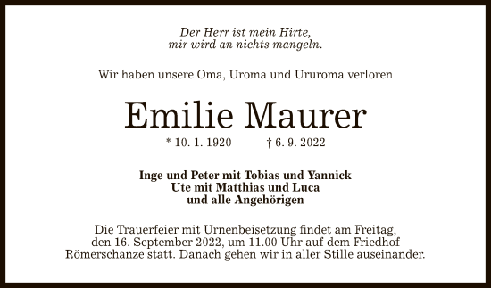 Anzeige von Emilie Maurer von Reutlinger General-Anzeiger