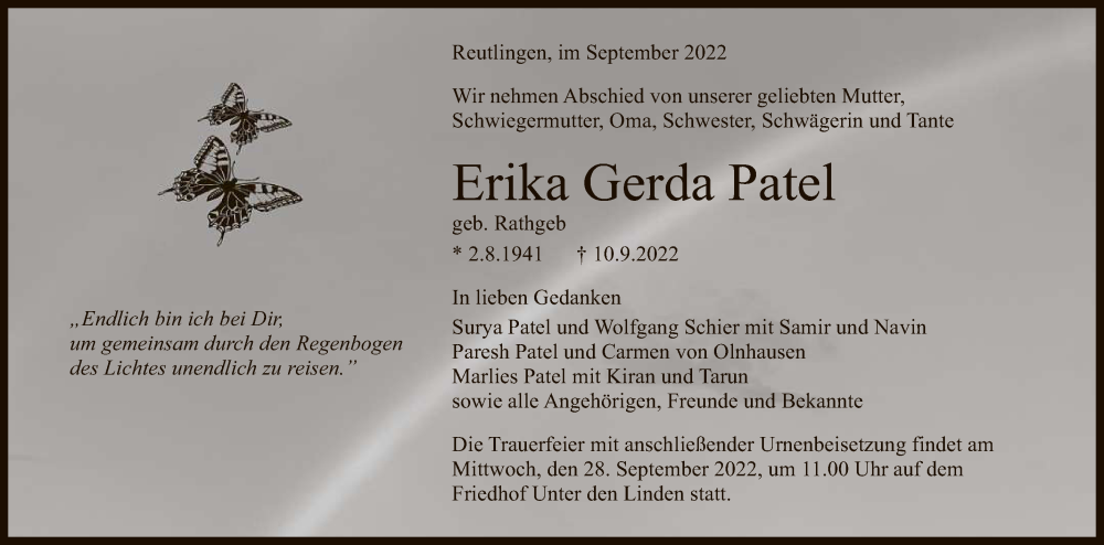  Traueranzeige für Erika Gerda Patel vom 24.09.2022 aus Reutlinger General-Anzeiger