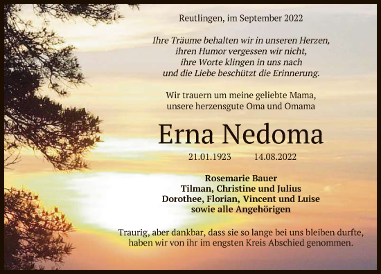 Anzeige von Erna Nedoma von Reutlinger General-Anzeiger