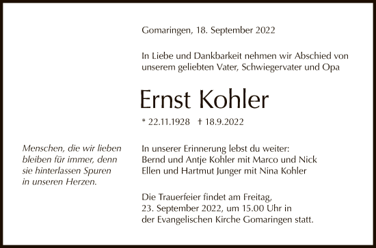 Anzeige von Ernst Kohler von Reutlinger General-Anzeiger