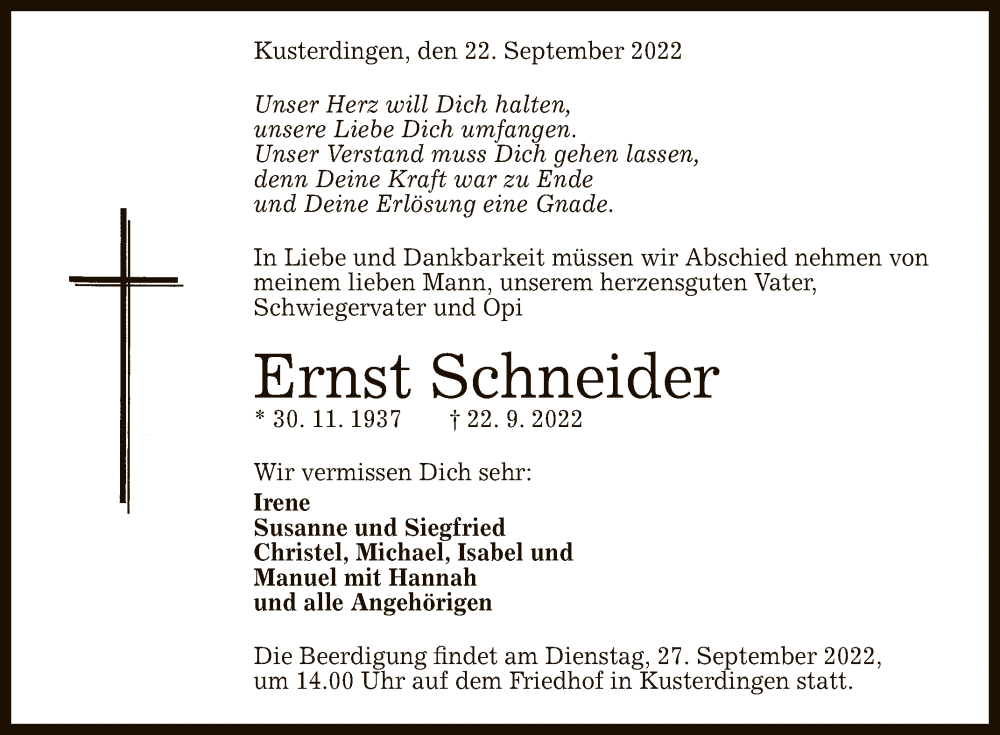  Traueranzeige für Ernst Schneider vom 24.09.2022 aus Reutlinger General-Anzeiger