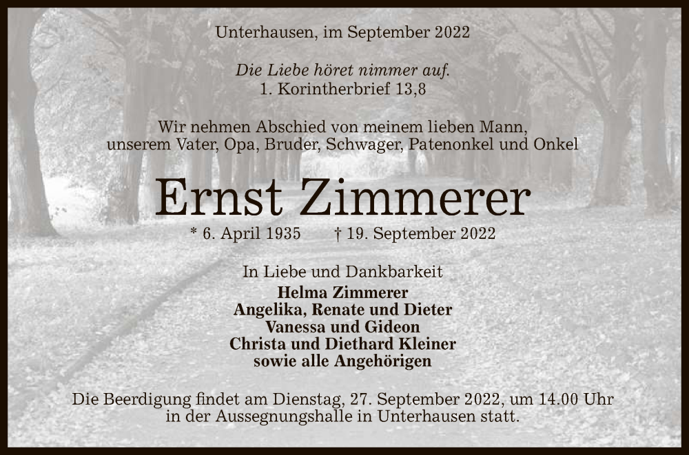  Traueranzeige für Ernst Zimmerer vom 23.09.2022 aus Reutlinger General-Anzeiger
