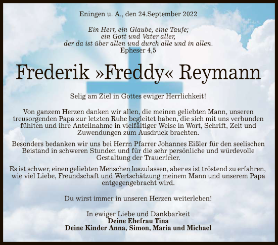 Anzeige von Frederik Reymann von Reutlinger General-Anzeiger