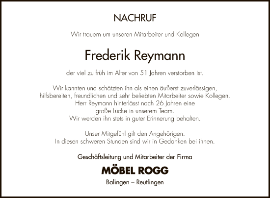 Anzeige von Frederik Reymann von Reutlinger General-Anzeiger