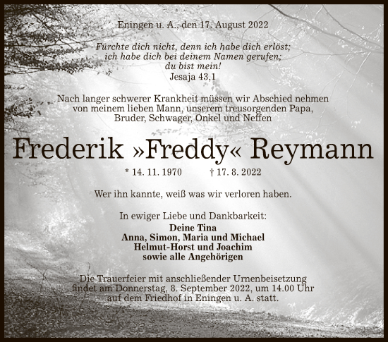 Anzeige von Frederik Reymann von Reutlinger General-Anzeiger