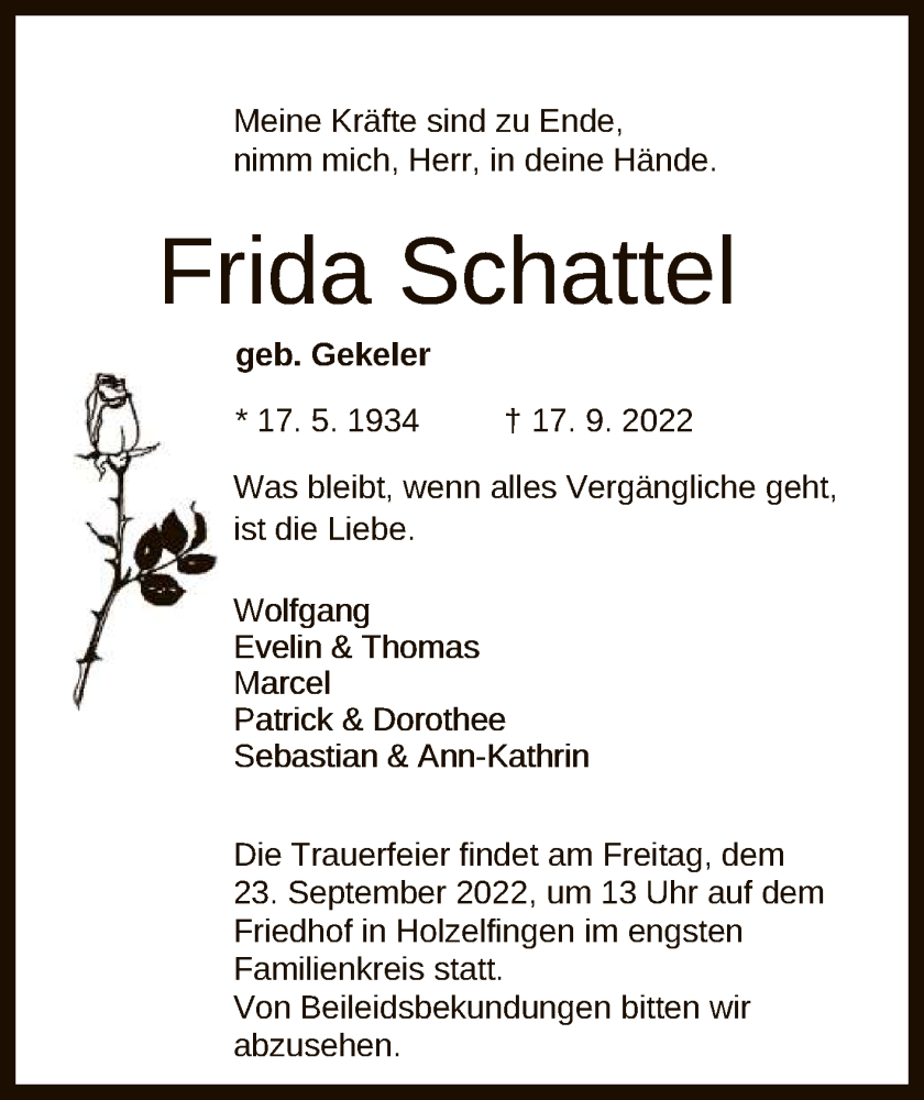  Traueranzeige für Frida Schattel vom 22.09.2022 aus Reutlinger General-Anzeiger