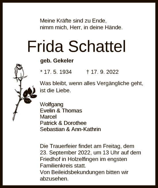 Anzeige von Frida Schattel von Reutlinger General-Anzeiger