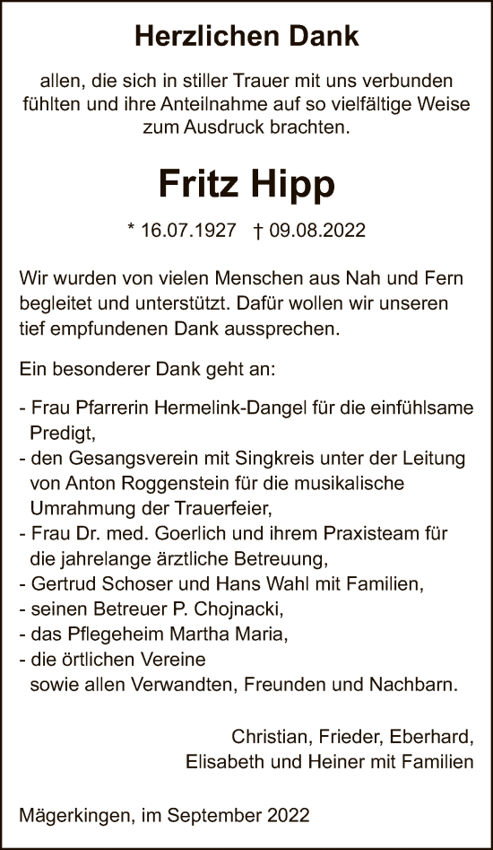 Anzeige von Fritz Hipp von Reutlinger General-Anzeiger