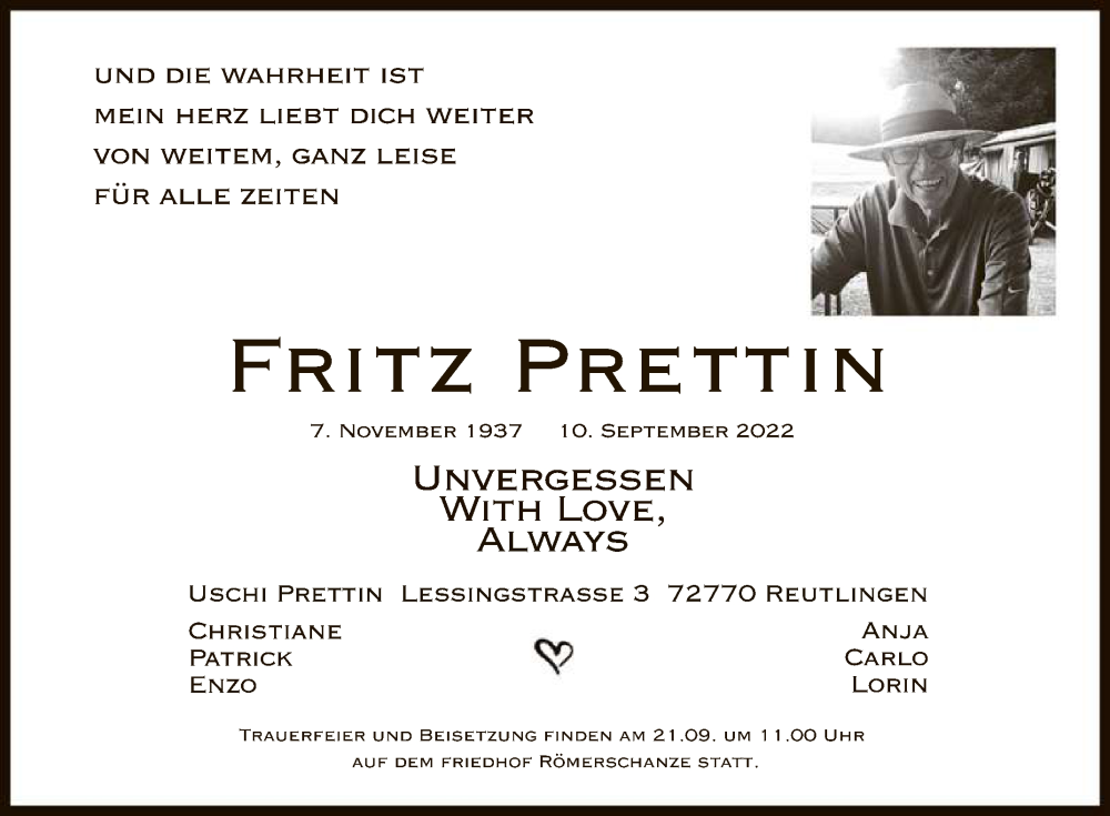  Traueranzeige für Fritz Prettin vom 19.09.2022 aus Reutlinger General-Anzeiger