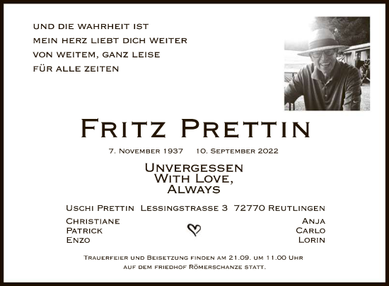 Anzeige von Fritz Prettin von Reutlinger General-Anzeiger