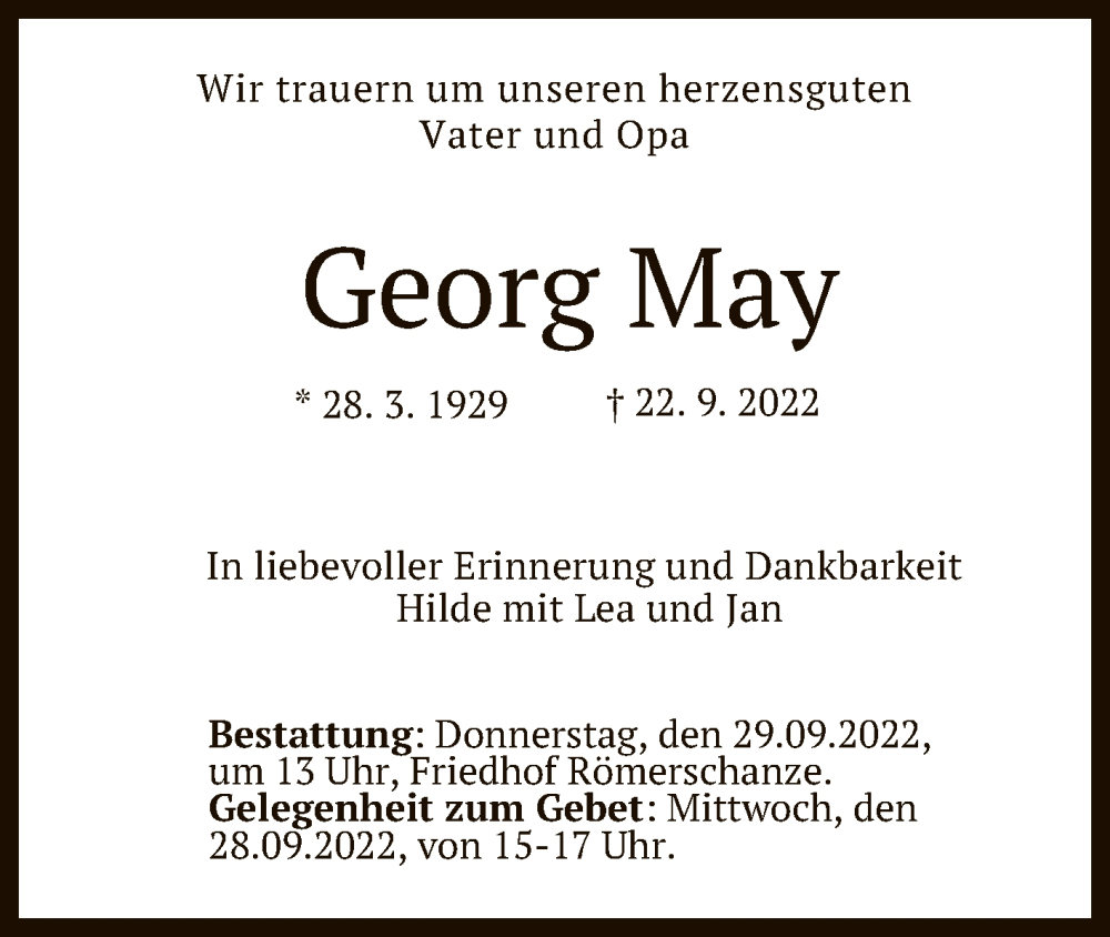  Traueranzeige für Georg May vom 27.09.2022 aus Reutlinger General-Anzeiger
