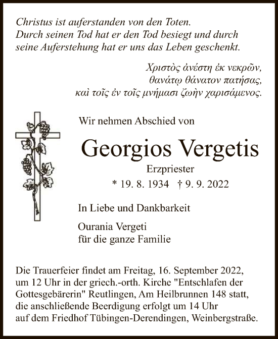 Anzeige von Georgios Vergetis von Reutlinger General-Anzeiger