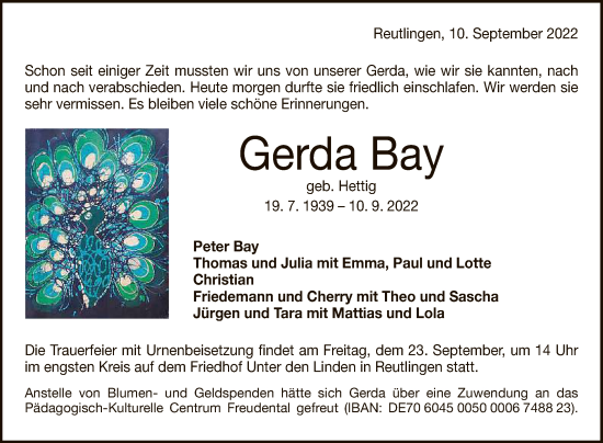 Anzeige von Gerda Bay von Reutlinger General-Anzeiger