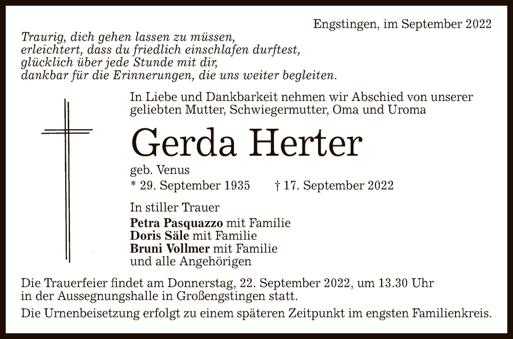  Traueranzeige für Gerda Herter vom 20.09.2022 aus Reutlinger General-Anzeiger