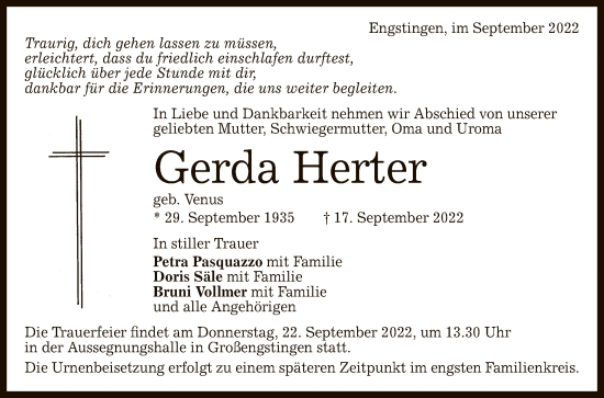 Anzeige von Gerda Herter von Reutlinger General-Anzeiger