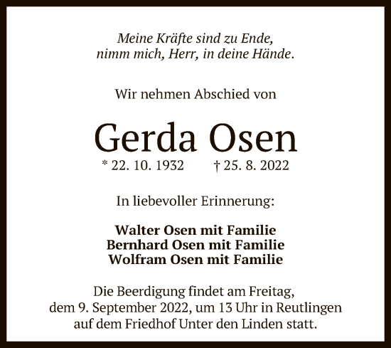 Anzeige von Gerda Osen von Reutlinger General-Anzeiger