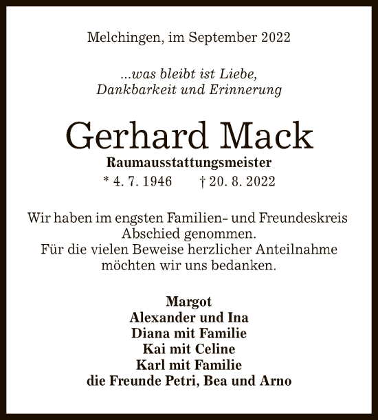 Anzeige von Gerhard Mack von Reutlinger General-Anzeiger