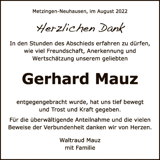 Anzeige von Gerhard Mauz von Reutlinger General-Anzeiger