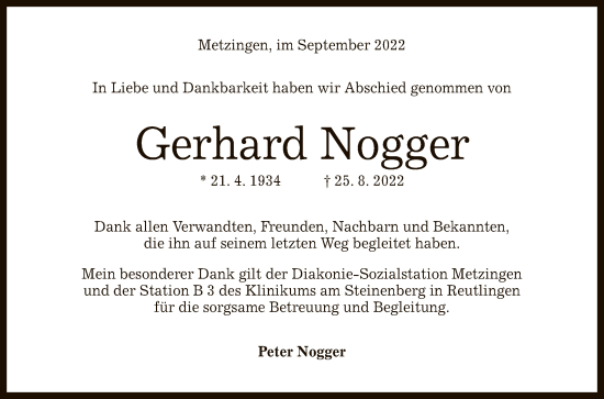 Anzeige von Gerhard Nogger von Reutlinger General-Anzeiger