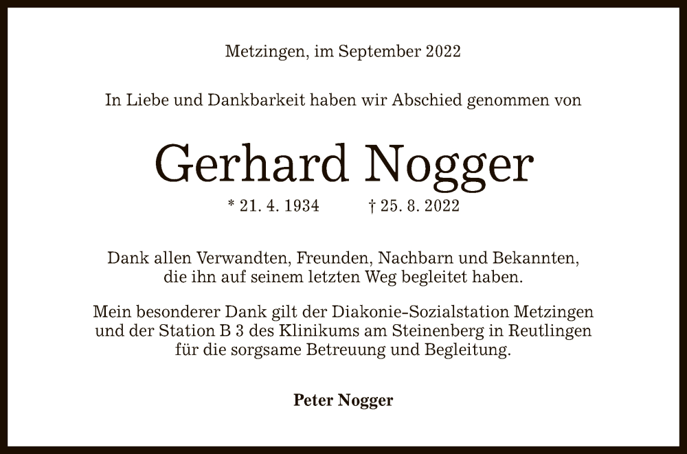 Traueranzeige für Gerhard Nogger vom 03.09.2022 aus Reutlinger General-Anzeiger