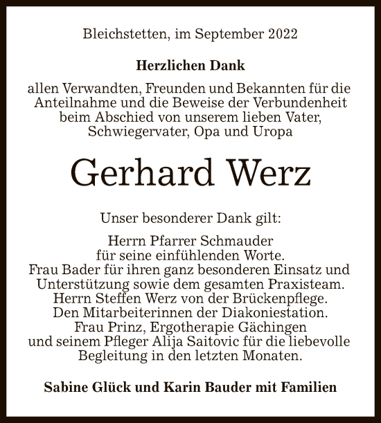 Anzeige von Gerhard Werz von Reutlinger General-Anzeiger