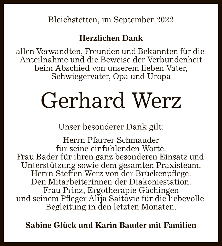  Traueranzeige für Gerhard Werz vom 20.09.2022 aus Reutlinger General-Anzeiger