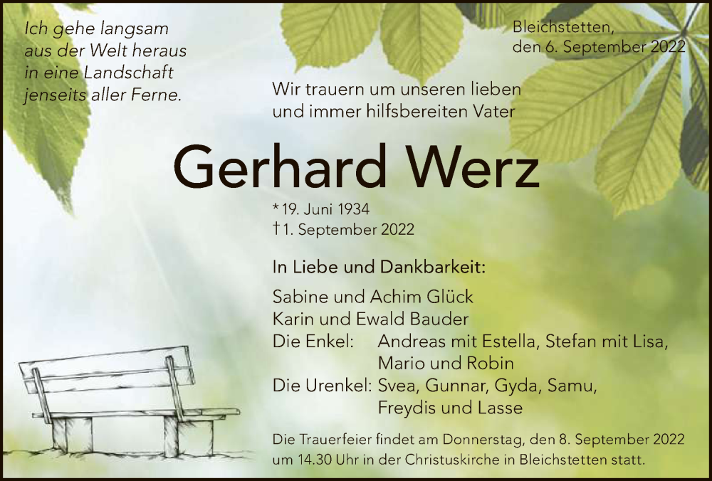  Traueranzeige für Gerhard Werz vom 06.09.2022 aus Reutlinger General-Anzeiger