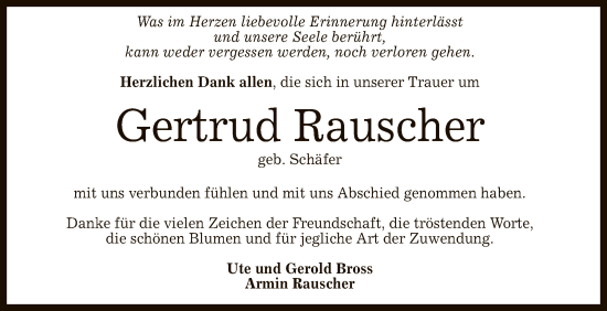 Anzeige von Gertrud Rauscher von Reutlinger General-Anzeiger