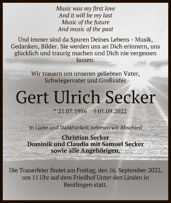 Anzeige von Gert Ulrich Secker von Reutlinger General-Anzeiger