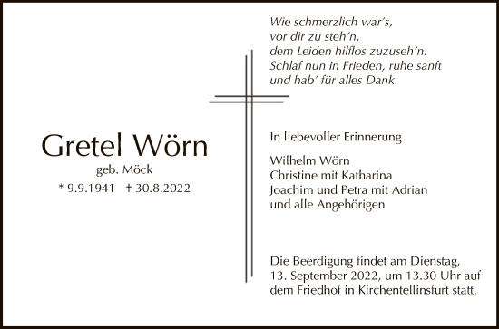 Anzeige von Gretel Wörn von Reutlinger General-Anzeiger
