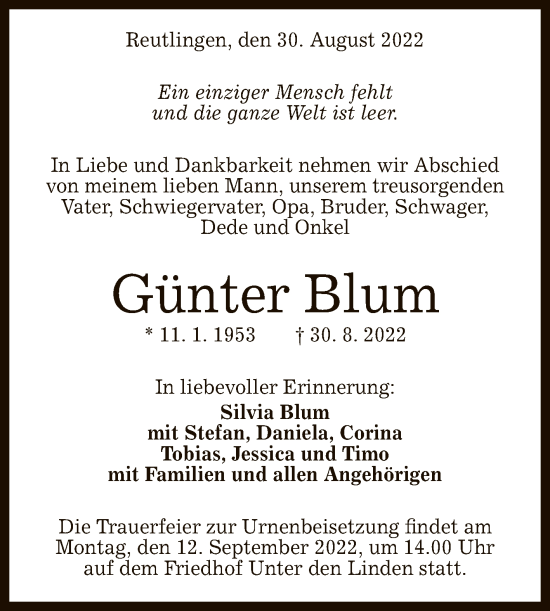 Anzeige von Günter Blum von Reutlinger General-Anzeiger