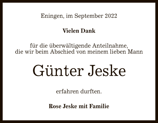 Anzeige von Günter Jeske von Reutlinger General-Anzeiger