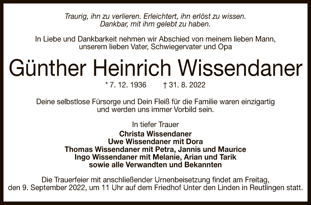  Traueranzeige für Günther Heinrich Wissendaner vom 06.09.2022 aus Reutlinger General-Anzeiger