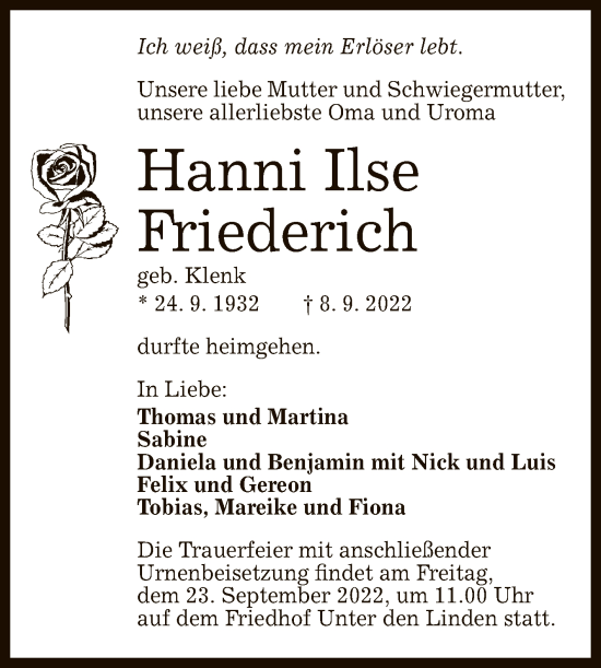 Anzeige von Hanni Friederich von Reutlinger General-Anzeiger