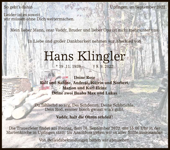 Anzeige von Hans Klingler von Reutlinger General-Anzeiger
