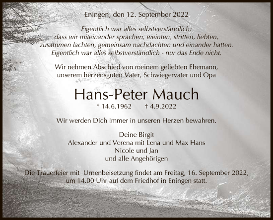 Anzeige von Hans-Peter Mauch von Reutlinger General-Anzeiger