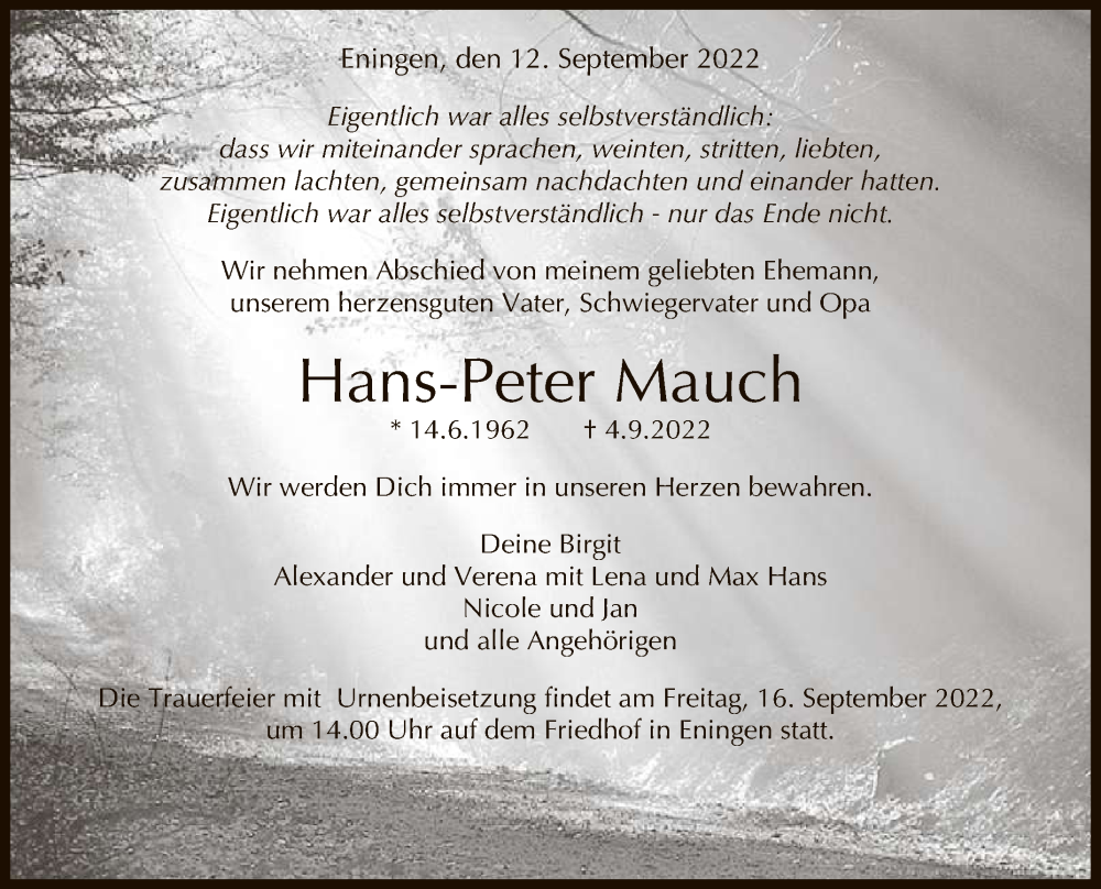  Traueranzeige für Hans-Peter Mauch vom 12.09.2022 aus Reutlinger General-Anzeiger