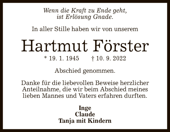 Anzeige von Hartmut Förster von Reutlinger General-Anzeiger