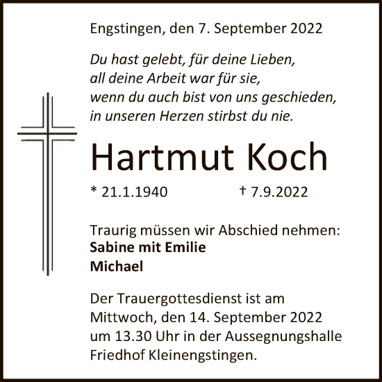 Anzeige von Hartmut Koch von Reutlinger General-Anzeiger